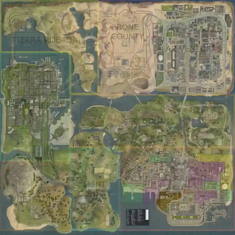 GTA San Andreas Map - Los Santos | San Fierro | Las Venturas 14 gta-san-andreas-map-satellite-with-districts