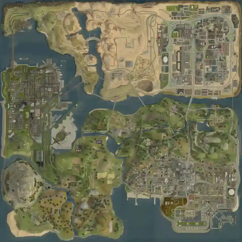GTA San Andreas Map - Los Santos | San Fierro | Las Venturas 15 gta-san-andreas-map-satellite